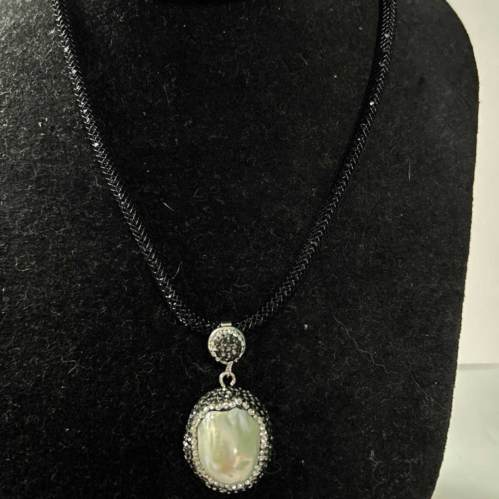 Black crystal mesh cord with large white baroque pearl pendant